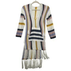 Medium Open Knit Crochet Hooded Dress Fringe Boho Layered Beach Cover Up